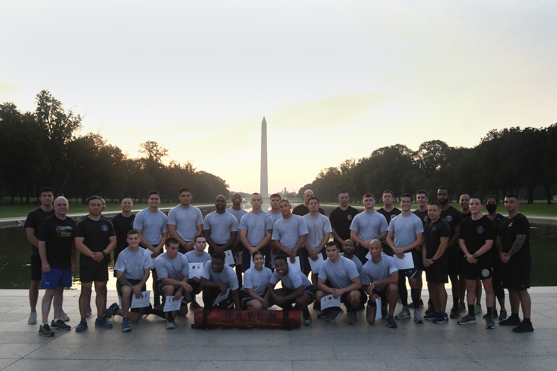 “Pre-Ravens,” students from the 816th Security Forces Squadron enrolled in the “Pre-Raven” Fly-Away Course, pose for a photo after receiving their Fly-Away Security Team certification in Washington D.C., Aug. 21, 2020.