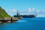 NAVAL BASE GUAM (Aug. 22, 2020) The forward-deployed aircraft carrier USS Ronald Reagan (CVN 76) arrives at Naval Base Guam for a Safe Haven Liberty port visit.
