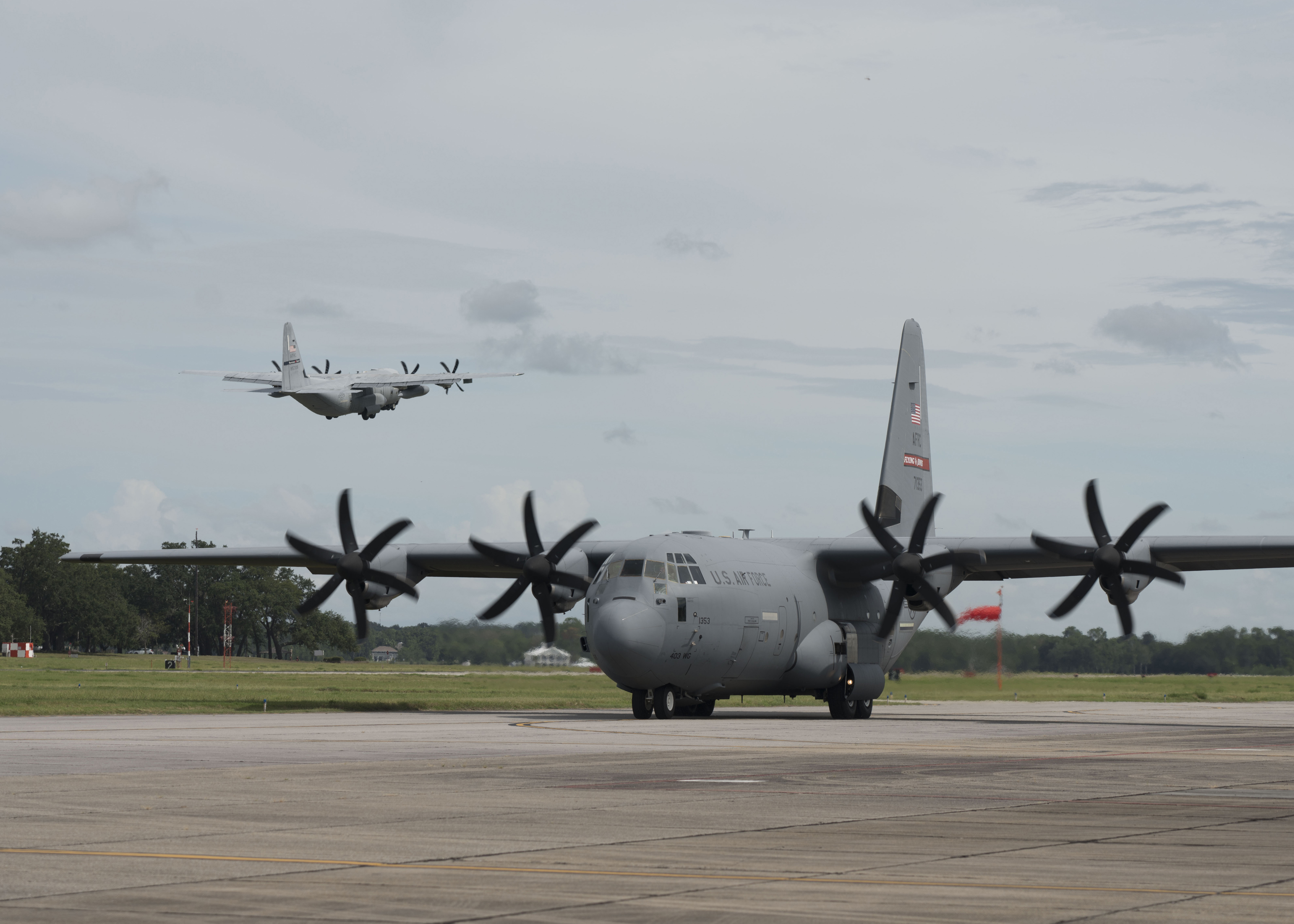 The Air Force Reserve's 403rd Wing, Keesler Air Force Base, Mississippi, relocated its aircraft today as Hurricane Marco and Tropical Storm Laura make their way to the U.S. Gulf Coast. The 815th Airlift Squadron relocated their aircraft to Joint Base San Antonio, Texas, and the 53rd Weather Reconnaissance Squadron will continue flying missions into both storms from Atlantic Aviation Charleston International Airport, South Carolina. (U.S. Air Force photo/Lt. Col. Marnee A.C. Losurdo)