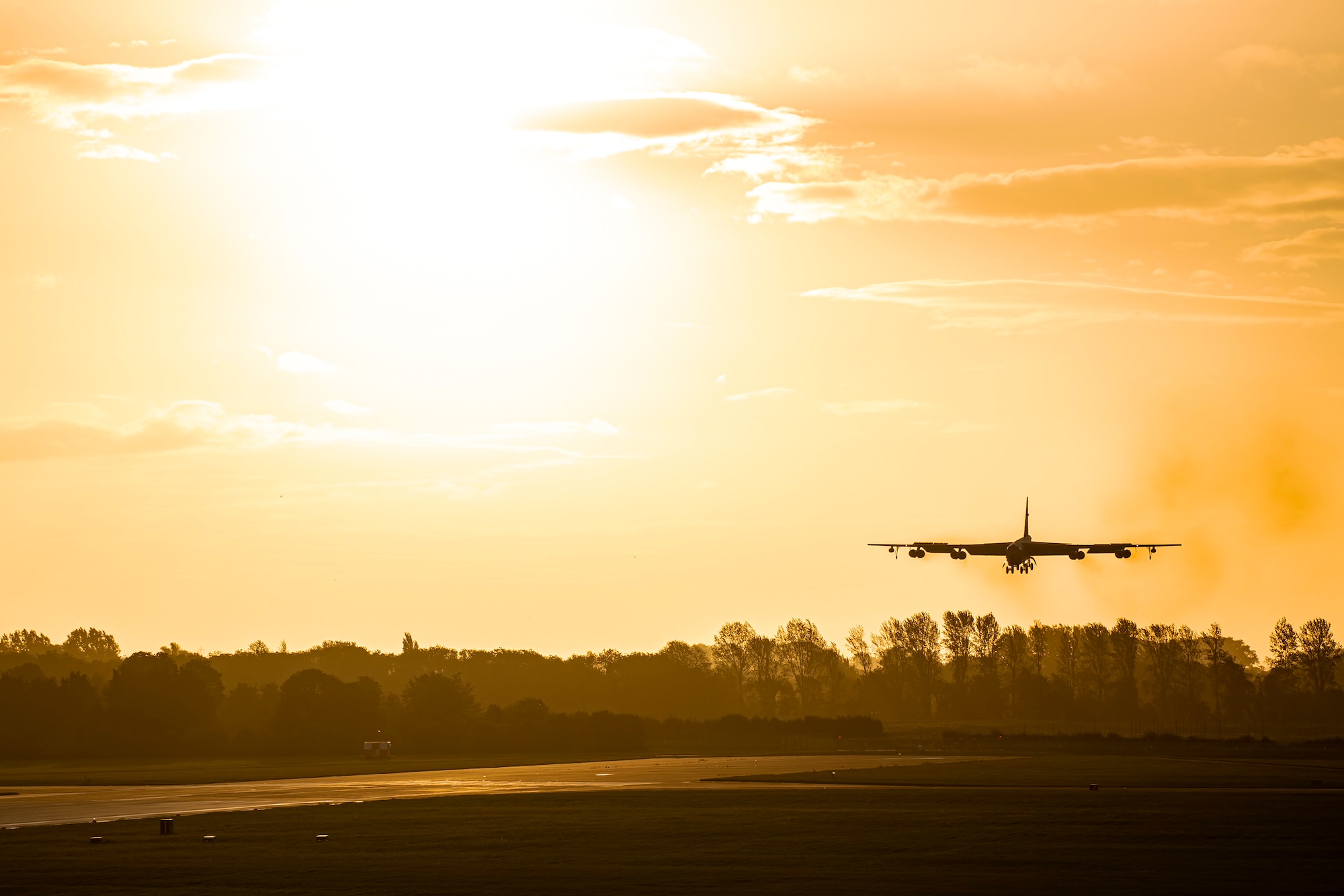 A B-52 Stratofortress prepares to land at RAF Fairford, England, Aug. 22, 2020. The Department of Defense maintains command and control of its bomber force for any mission, anywhere in the world at any time. (U.S. Air Force photo by Senior Airman Eugene Oliver)