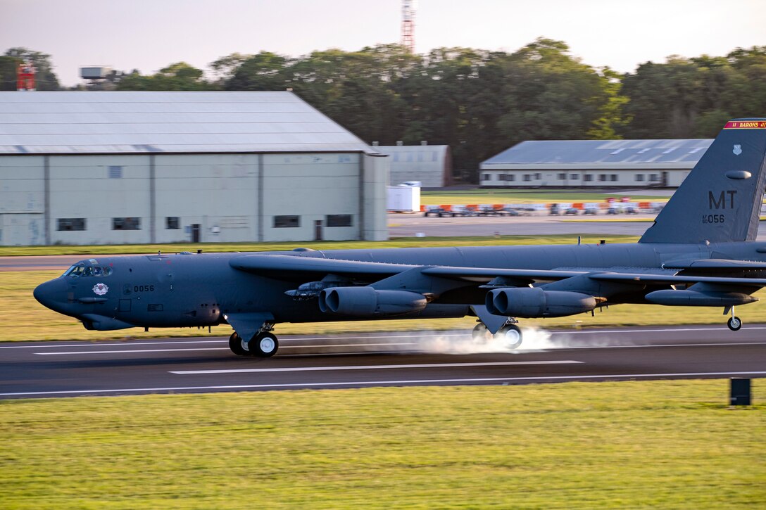 A B-52 Stratofortress lands at RAF Fairford , England, Aug. 22, 2020.The U.S. Air Force is engaged, postured and ready with credible force to assure, deter and defend in an increasingly complex security environment. (U.S. Air Force photo by Senior Airman Eugene Oliver)
