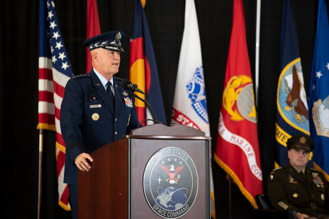 Gen. John “Jay” Raymond. Chief of Space Operations, U.S. Space Force, Commander, U.S. Space Command, provides remarks at the USSPACECOM Change of Command. Gen. Raymond relinquished command of USSPACECOM to GEN James Dickinson.