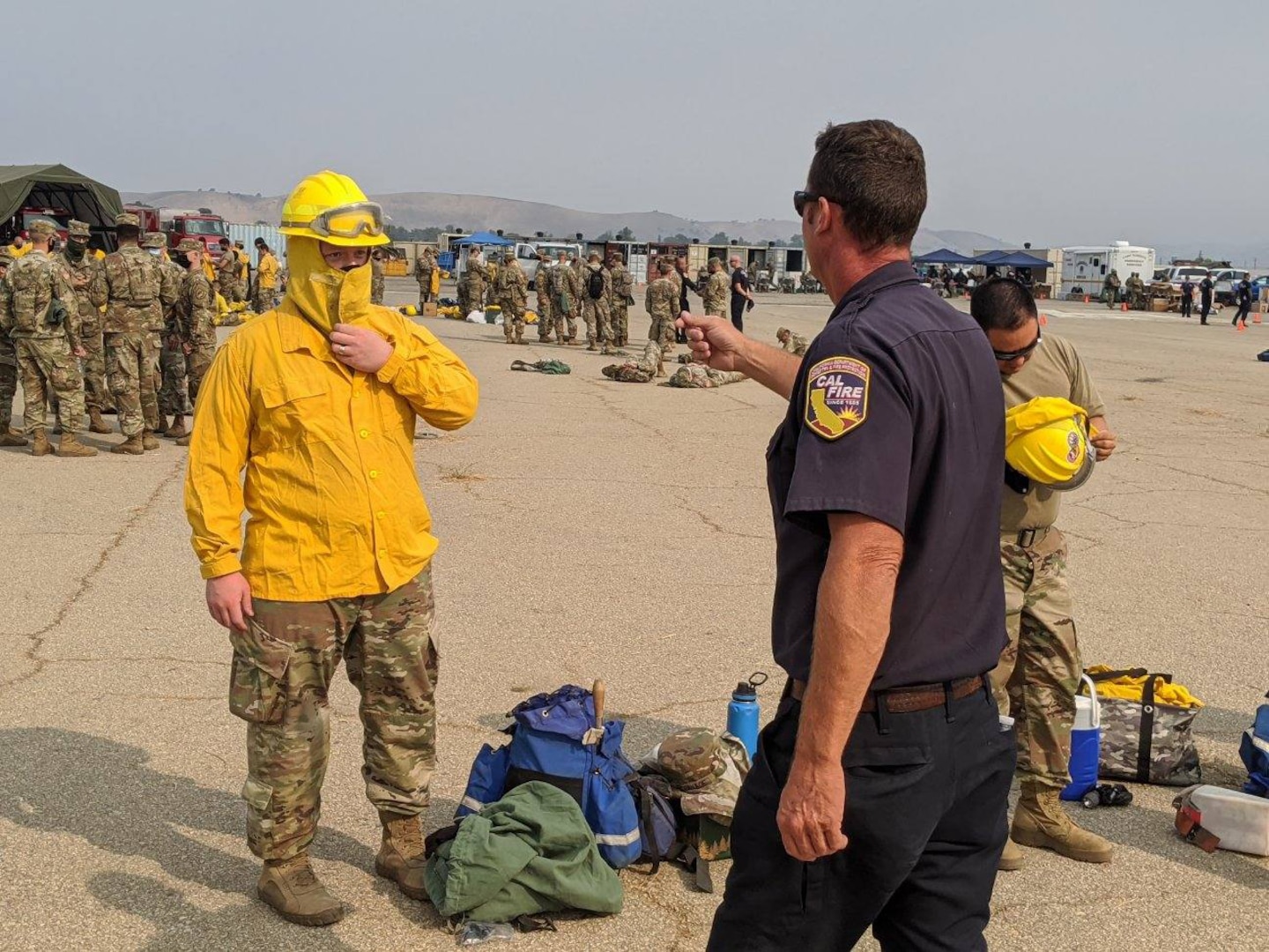 California Department of Forestry and Fire Protection issued more than 270 California National Guard Soldiers protective gear to begin hand crew training at Camp Roberts Aug. 23, 2020, to support firefighting efforts. The Guard members will supplement CAL FIRE and Cal Guard’s Joint Task Force Rattlesnake hand crews deployed to key locations such as the Carmel Fire, Jones Fire, Hills Fire and others throughout the state.