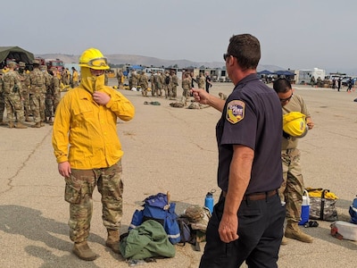 California Department of Forestry and Fire Protection issued more than 270 California National Guard Soldiers protective gear to begin hand crew training at Camp Roberts Aug. 23, 2020, to support firefighting efforts. The Guard members will supplement CAL FIRE and Cal Guard’s Joint Task Force Rattlesnake hand crews deployed to key locations such as the Carmel Fire, Jones Fire, Hills Fire and others throughout the state.