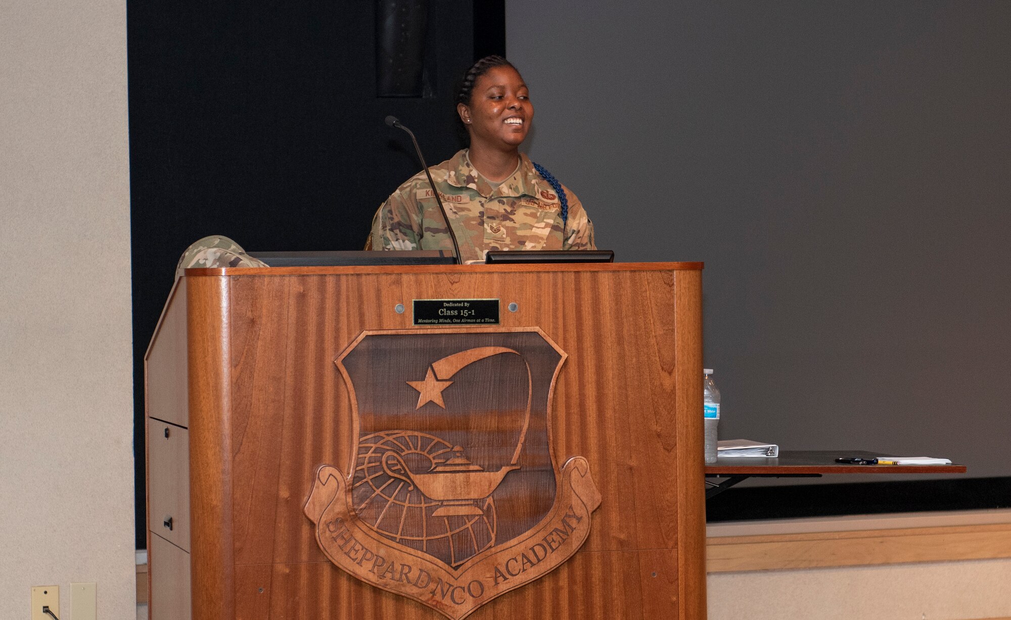 Staff Sgt. Kamiya Kirkland, 82nd Training Wing Military Training Leader, serves as master of ceremonies at the first Women Inspiring the Next Generation’s Successes (WINGS) program meeting at Sheppard Air Force Base, Texas, August 12, 2020. WINGS held their meeting at the Sheppard AFB Noncommissioned Academy with a focus on “hurdles women may face while in a predominantly male workforce.”(U.S. Air Force photo by Senior Airman Pedro Tenorio)
