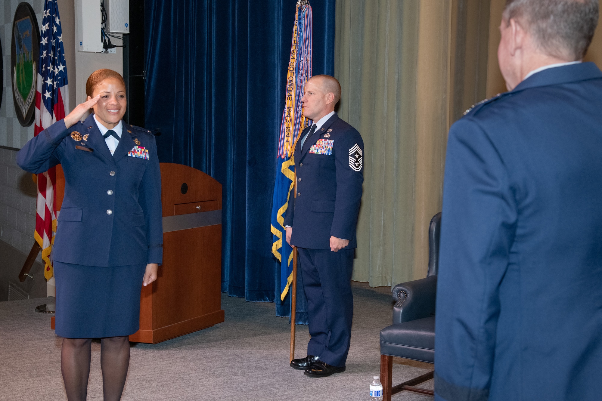 Colonel Patrick J. Carley relinquishes command of the 42nd Air Base Wing to Col. Eries L. G. Mentzer, Aug. 24, 2020, at Maxwell Air Force Base, Alabama. The ceremony was presided over by Lt. Gen. James Hecker, Air University commander and president. (U.S. Air Force photo by Trey Ward)