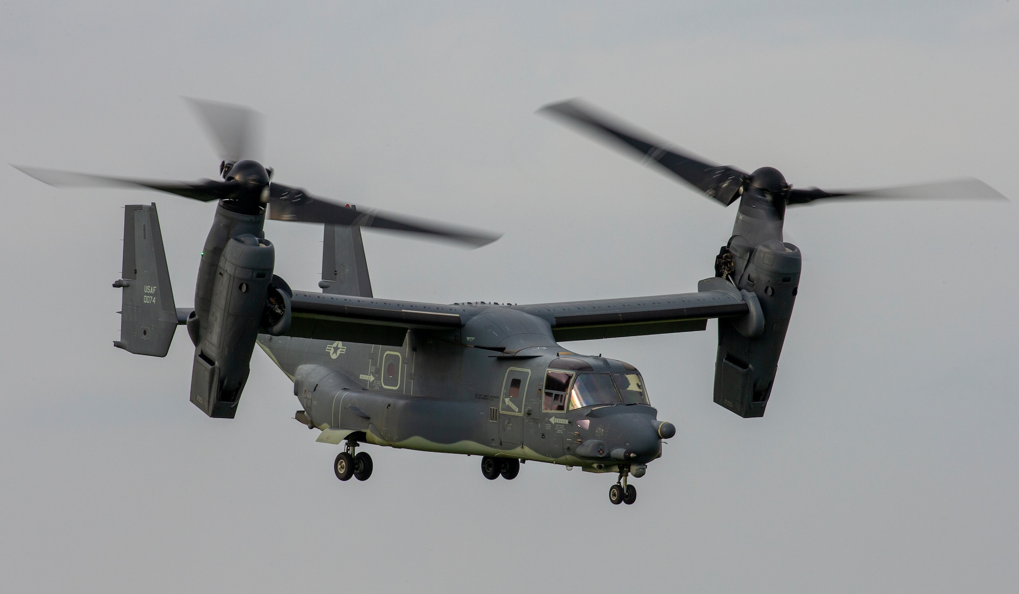 A CV-22 Osprey assigned to the 21st Special Operations Squadron flies over Yokota Air Base, Japan, June 15, 2020, during exercise Gryphon Jet. Gryphon Jet is an integrated training exercise focused on improving interoperability throughout the special operations community. (U.S. Air Force photo by Yasuo Osakabe)