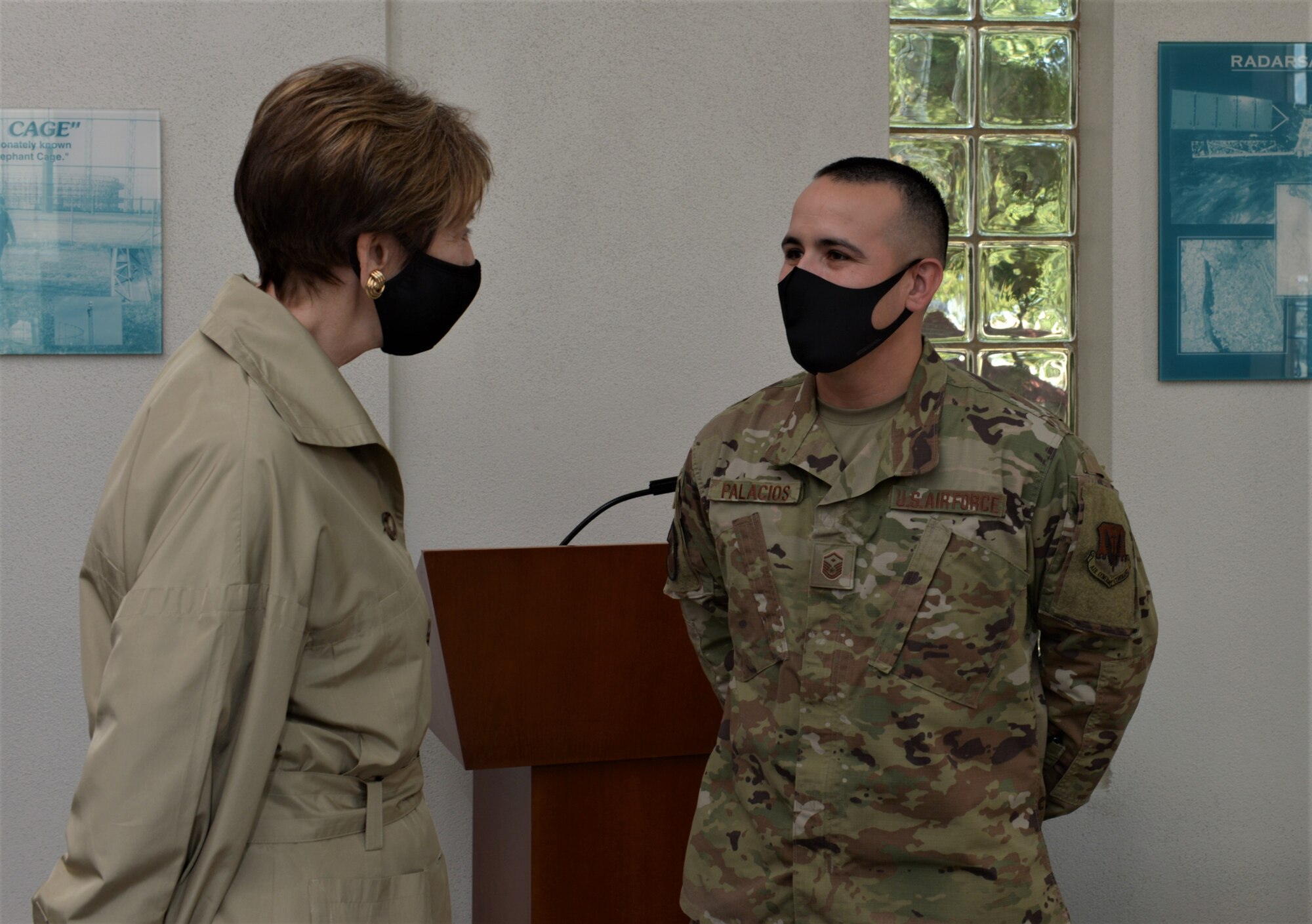 Master Sgt. Pablo Palacios, 91st Cyberspace Operations Squadron first sergeant speaks with SecAF Barbara M. Barrett