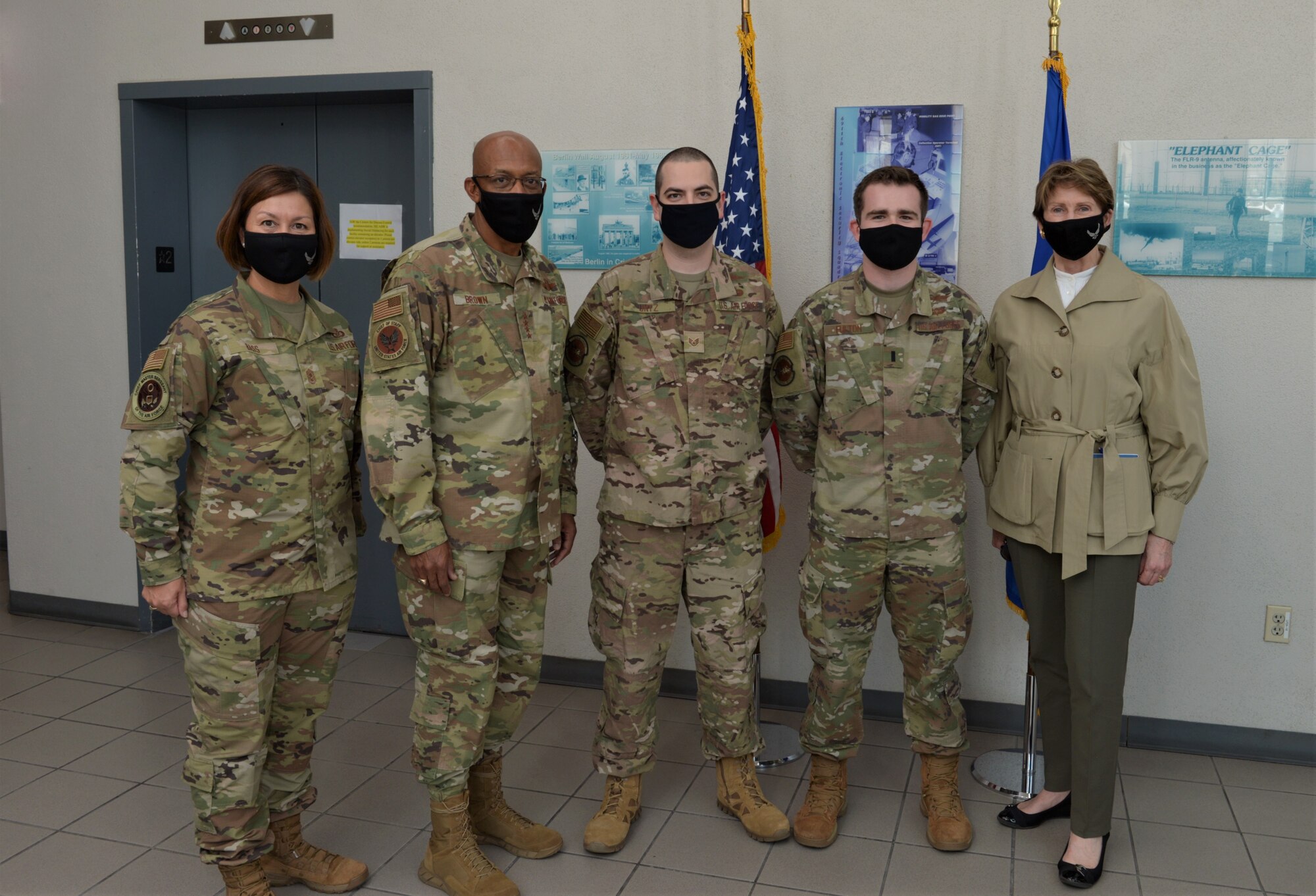 SSgt. John Untz and 1st Lt. Alex Fulton (center) stand with CMSAF JoAnne Bass, CSAF Gen. Charles Brown and SecAF Barbara M. Barrett