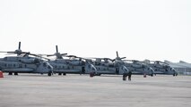 CH-53E Super Stallions with Marine Heavy Helicopter Squadron 366 sit on the flight line before conducting Exercise Deep Water 2020 at Marine Corps Air Station New River, North Carolina, July 29, 2020. The purpose of the exercise is to increase 2nd Marine Aircraft Wing’s interoperability and readiness on a scale that simulates peer-level threats. (U.S. Marine Corps photo by Lance Cpl. Yuritzy Gomez)