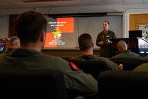 Marines with Marine Light Attack Helicopter Squadron 167 conduct a flight brief during Exercise Deep Water 2020 at Marine Corps Air Station New River, North Carolina, July 29, 2020. The purpose of the exercise is to increase 2nd Marine Aircraft Wing’s interoperability and readiness on a scale that simulates peer-level threats. (U.S. Marine Corps photo by Lance Cpl. Elias E. Pimentel III)