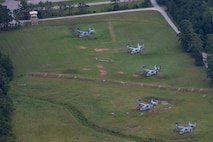 MV-22B Ospreys with Marine Medium Tiltrotor Squadron 266, VMM-162, VMM-261, and VMM-263 land during Exercise Deep Water 2020 at Marine Corps Air Station New River, North Carolina, July 29, 2020. The purpose of the exercise is to increase 2nd Marine Aircraft Wing’s interoperability and readiness on a scale that simulates peer-level threats. (U.S. Marine Corps photo by Lance Cpl. Elias E. Pimentel III)