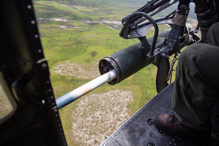 A Marine Corps UH-1Y Venom with Marine Light Attack Helicopter Squadron 269 fires rockets at targets on Marine Corps Base Camp Lejeune, North Carolina, July 31, 2020. HMLA-269 practiced close air support and aerial surveillance to maintain mission readiness. (U.S. Marine Corps photo by Cpl. Cody Rowe)