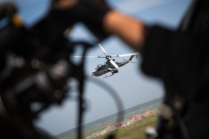 An AH-1Z Viper with Marine Light Attack Helicopter Squadron 269 flies over Marine Corps Base Camp Lejeune, North Carolina, July 31, 2020. HMLA-269 practiced close air support and aerial surveillance to maintain mission readiness. (U.S. Marine Corps photo by Cpl. Cody Rowe)
