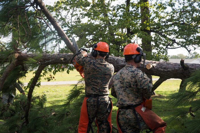 U.S. Marines with 8th Engineering Support Battalion, 2nd Marine Logistics Group, clean up debris around Camp Geiger after Hurricane Isaias on Marine Corps Air Station New River, North Carolina, Aug. 4, 2020. U.S. Marines carried out recovery efforts in order to resume normal operations while following COVID-19 mitigation guidelines. (U.S. Marine Corps photo by Lance Cpl. Christian Ayers)