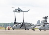An AH-1W Super Cobra with Marine Light Attack Helicopter Squadron 167, Marine Air Group 29 takes off at Marine Corps Air Station New River, North Carolina, Aug. 13, 2020. These aircraft recently arrived from a deployment with the 26th Marine Expeditionary Unit and will be deactivated. The aircraft will be going to different museums for preservation. (U.S. Marine Corps photo by Lance Cpl. Yuritzy Gomez)