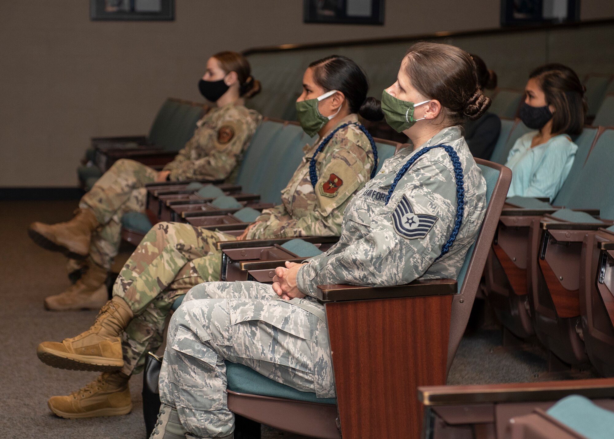 Airmen from across Sheppard sit in a Women Inspiring the Next Generation’s Successes (WINGS) meeting at Sheppard Air Force Base, Texas, August 12, 2020. WINGS intends to create a safe space for female Airmen to discuss various topics and connect through mentorship and empowerment in all areas of life including relationships, careers progression, fitness goals, and other topics. (U.S. Air Force photo by Senior Airman Pedro Tenorio)