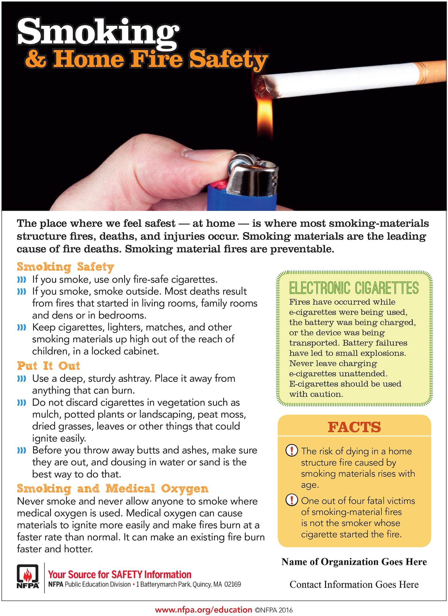 In the United States, smoking materials are the leading cause of fire deaths, as reported by the U.S. Fire Administration. Some significant deterrents in combating these unnecessary deaths are smoke alarms, smoldering resistant bedding and upholstered furniture. Smoking material fires are preventable.
