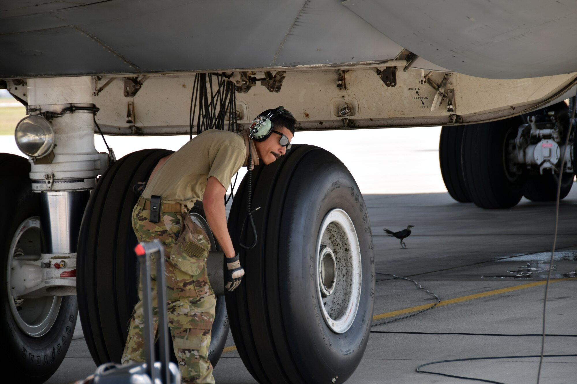 Staff Sgt. Michael Hailemaskel, 60th Aircraft Maintenance Squadron flying crew chief, performs preflight checks on a C-5M Super Galaxy Aug. 24, 2020 at Joint Base San Antonio-Lackland, Texas.