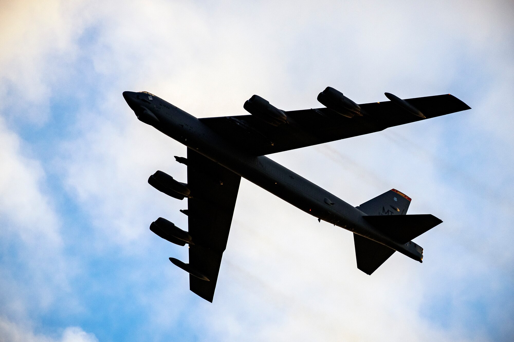 A B-52 Stratofortress flies overhead at RAF Fairford, England, Aug. 22, 2020. U.S. Strategic Command regularly tests and evaluates the readiness of strategic assets to ensure we are able to honor our security commitments. (U.S. Air Force photo by Senior Airman Eugene Oliver)
