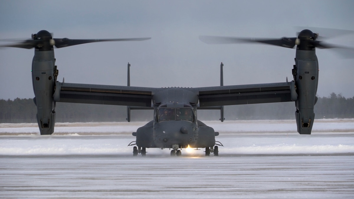 A CV-22 Osprey lands at Alpena Combat Readiness Training Center, Mich., Jan. 21, 2020 during exercise Emerald Warrior. Emerald Warrior 20-1 provides annual, realistic pre-deployment training encompassing multiple joint operating areas to prepare special operations forces, conventional force enablers, partner nations and interagency elements to integrate with, and execute full spectrum special operations in an arctic climate, sharpening U.S. forces' abilities to operate around the globe. (U.S. Air Force photo by Airman 1st Class Victoria Hadden)