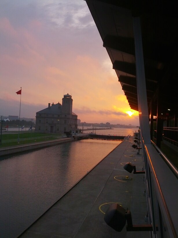 MacArthur Lock in Sault Ste. Marie, Michigan at sunrise.