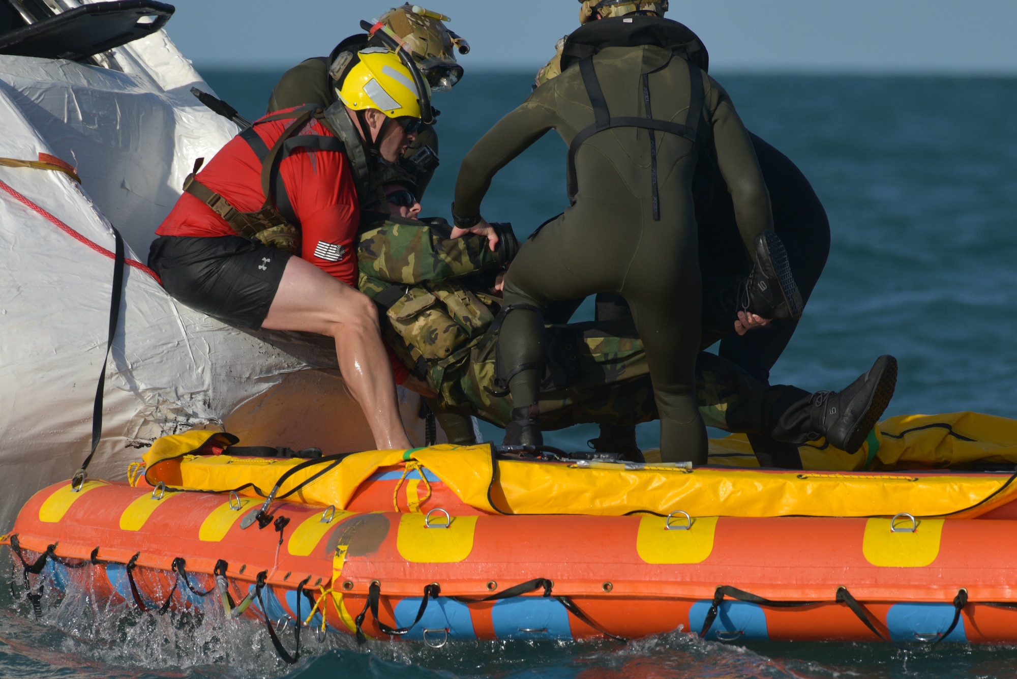 Pararescuemen from various units around the country arrived at Patrick Air Force Base, Fla., May 6, 2020, working with 45th Operations Group, Detachment 3 personnel and mission partners in the weeks leading up to the return to human spaceflight. Exercises took place at Cape Canaveral Air Force Station and off the coast of CCAFS, working on tactics and procedures for astronaut rescue and recovery operations. (U.S. Space Force photo by Senior Airman Dalton Williams)