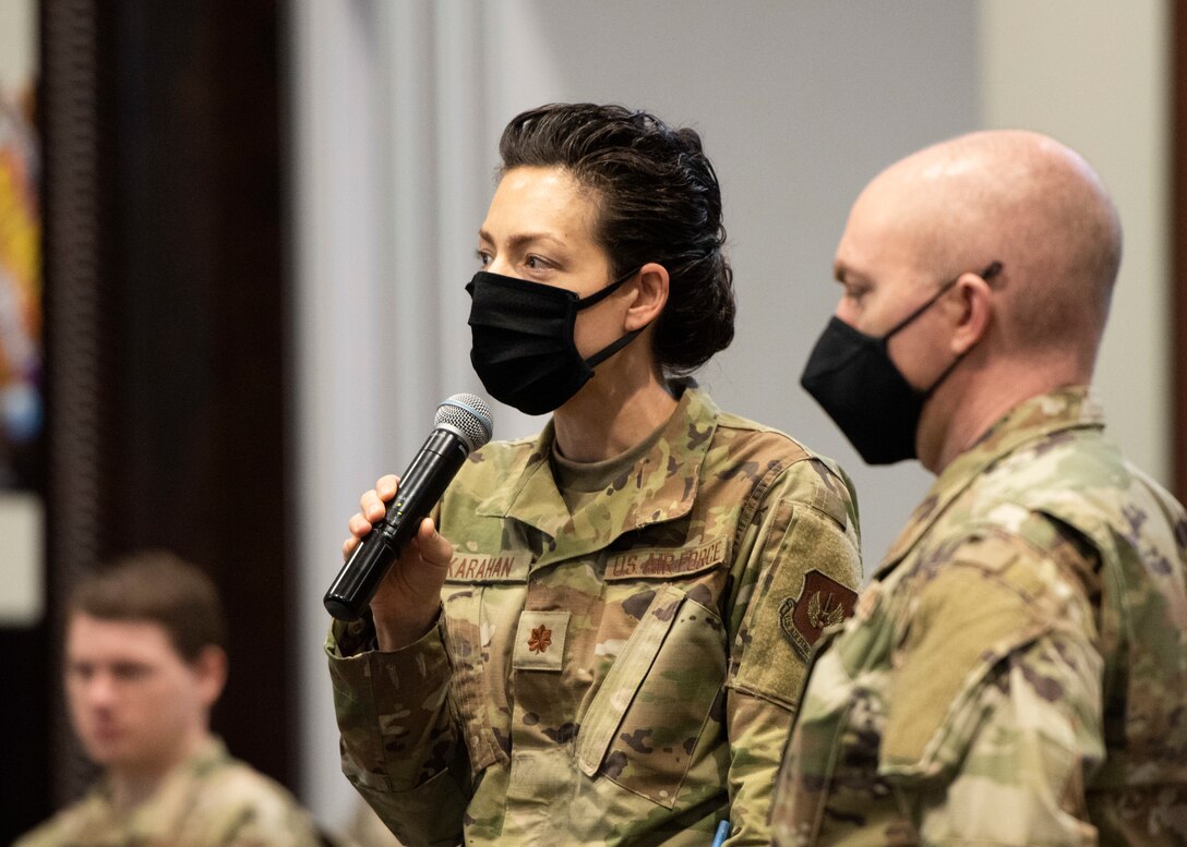 Maj. Crystal Karahan, 39th Medical Support Squadron medical logistics commander, wears a mask.while asking questions into a microphone, August 25, 2020.
