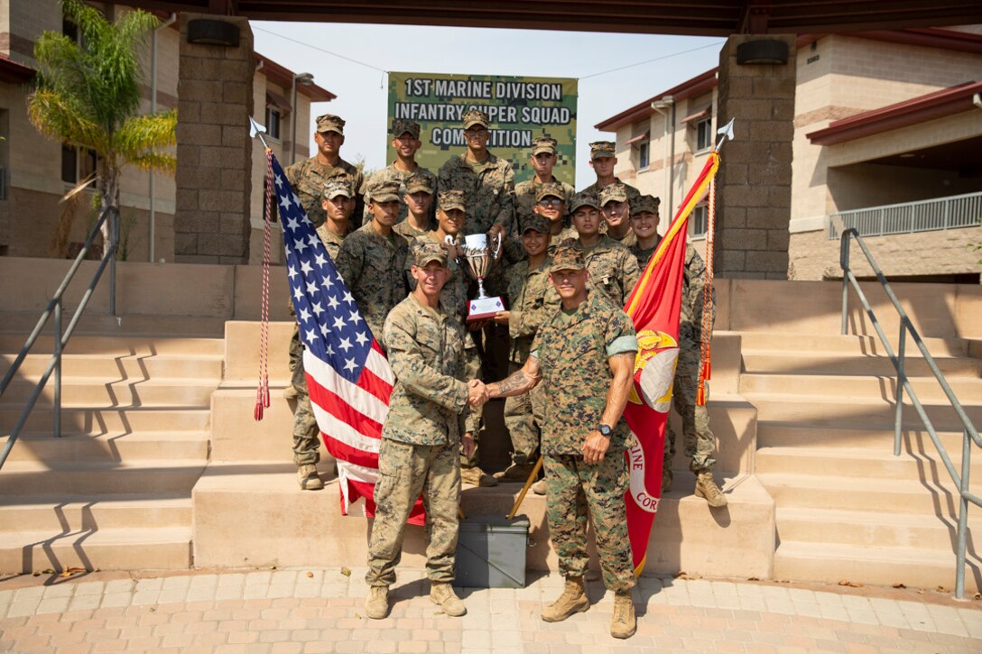 U.S. Marines with 1st Battalion, 5th Marine Regiment, 1st Marine Division are awarded 1st place in Supersquad 2020, on Marine Corps Base Camp Pendleton, Calif., Aug. 21.