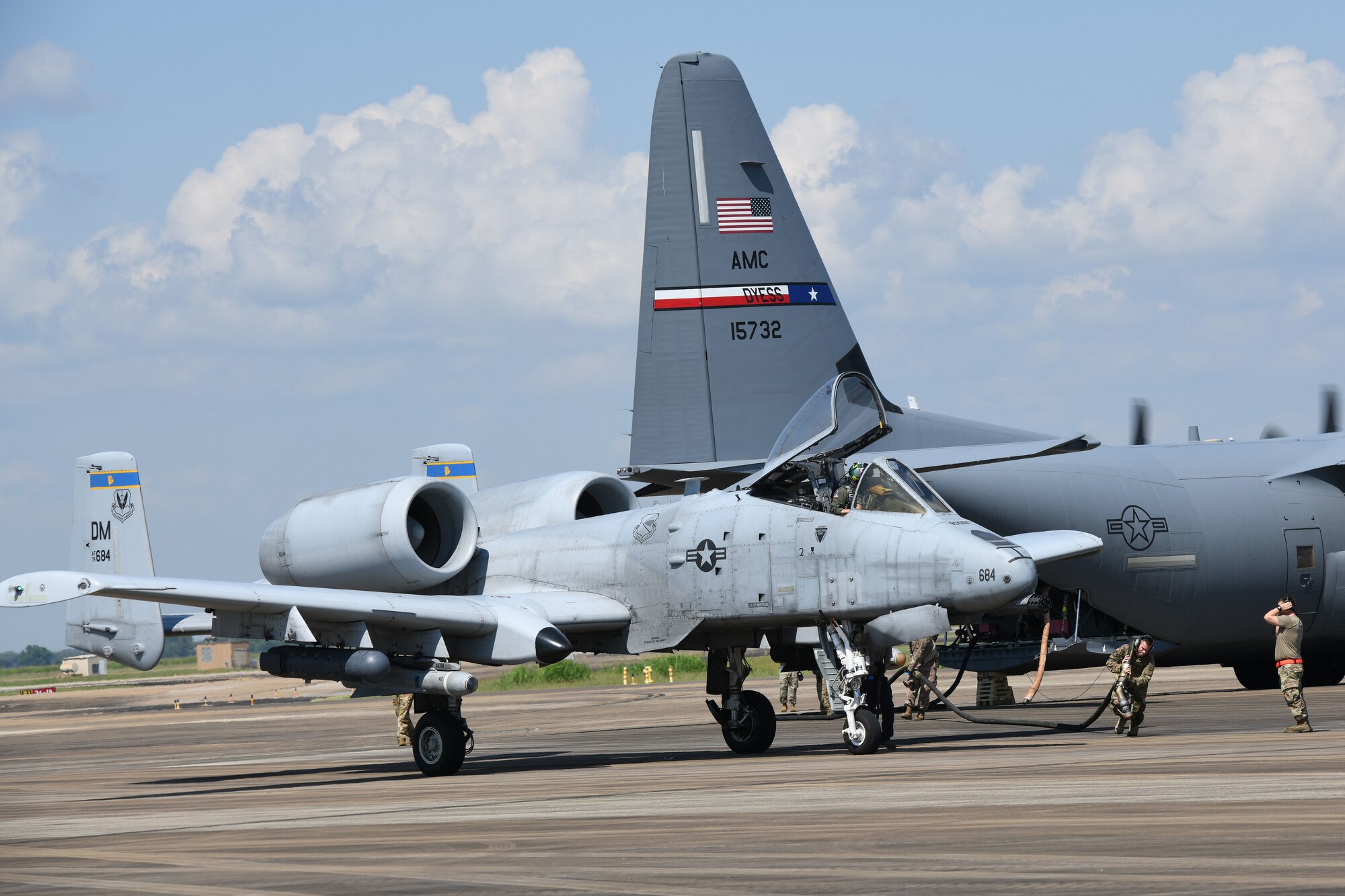 An aircraft taxis on the flight line