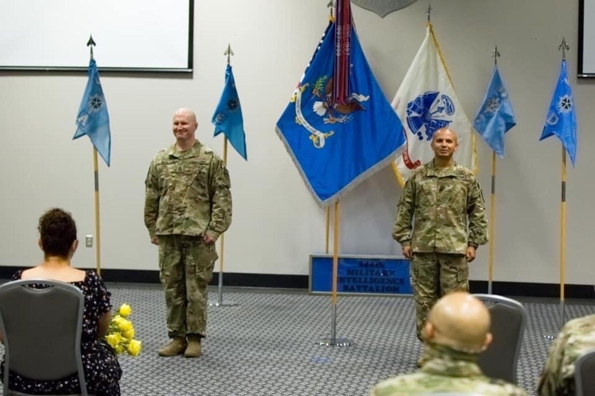 U.S. Army Command Sgt. Major Jason Lauer assumes responsibility of the 344th Military Intelligence Battalion as the senior enlisted advisor at the event center on Goodfellow Air Force Base, Texas, July 24, 2020. The change of responsibility is a time honored tradition within the Army allowing Soldiers to say farewell to one leader and welcome in another. (Courtesy photo)