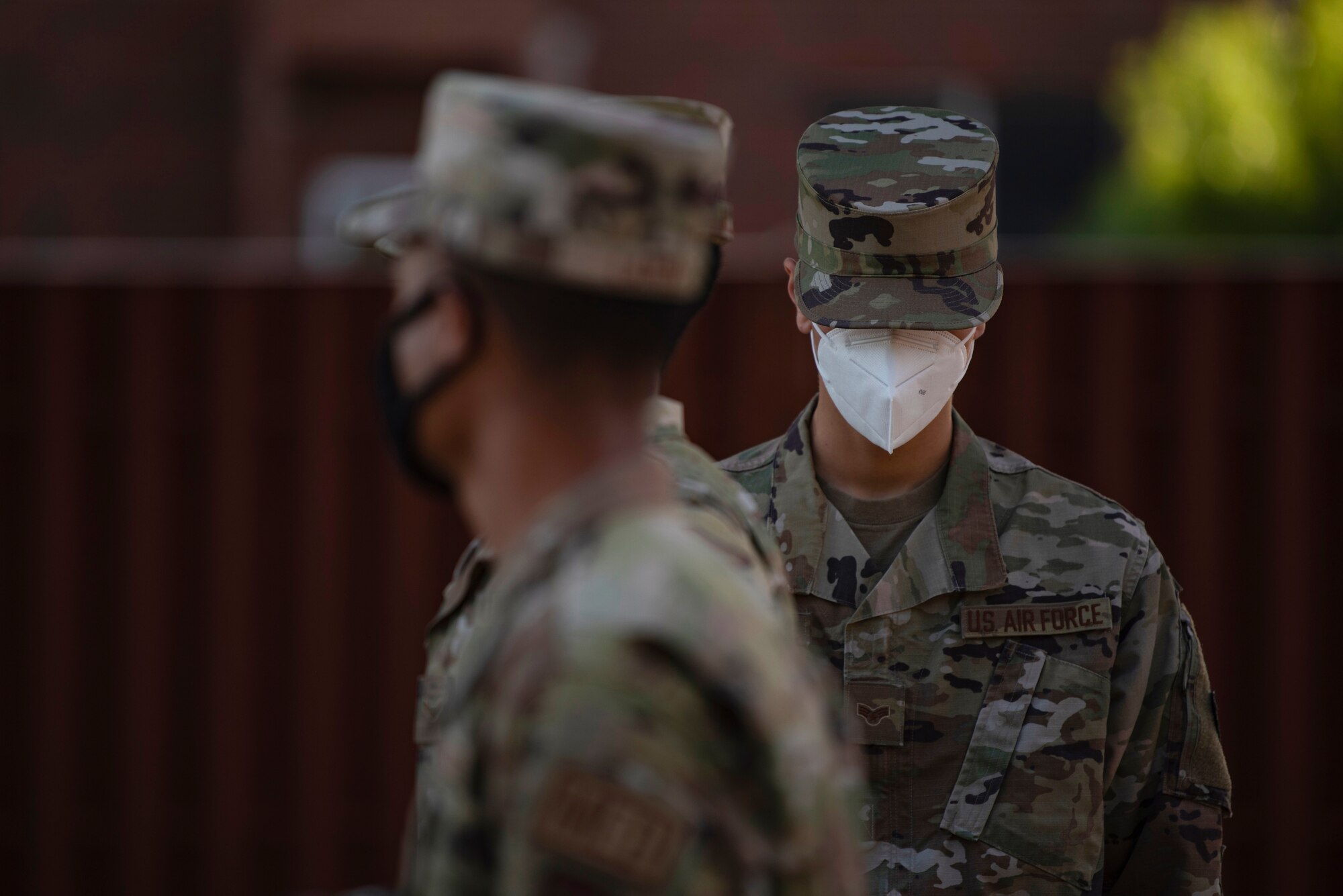 Senior Airman Branden Hansen, 7th Force Support Squadron honor guardsman instructor, performs an open ranks inspection at Dyess Air Force Base, Texas, Aug. 11, 2020. Dyess AFB honor guard is responsible for representing the base, its Airmen and Air Force standards to the country and the world. (U.S. Air Force photo by Airman 1st Class Colin Hollowell)
