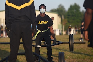 An Army Reserve Soldier attempts the 3 Repetition Maximum Deadlift, one of six test events for the Army Combat Fitness Test, during Operation Ready Warrior exercise, at Fort McCoy, Wisconsin, August 23, 2020.