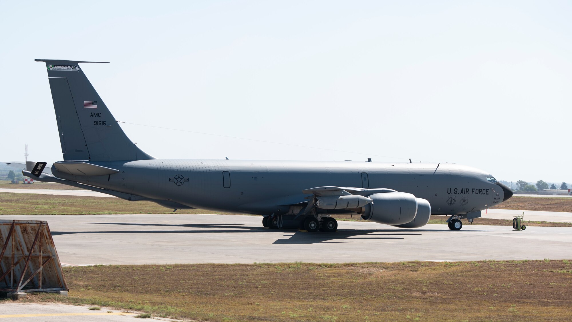 A KC-135 Stratotanker mid-air refueling aircraft rest on the Incirlik Air Base flight line August 17, 2020.
