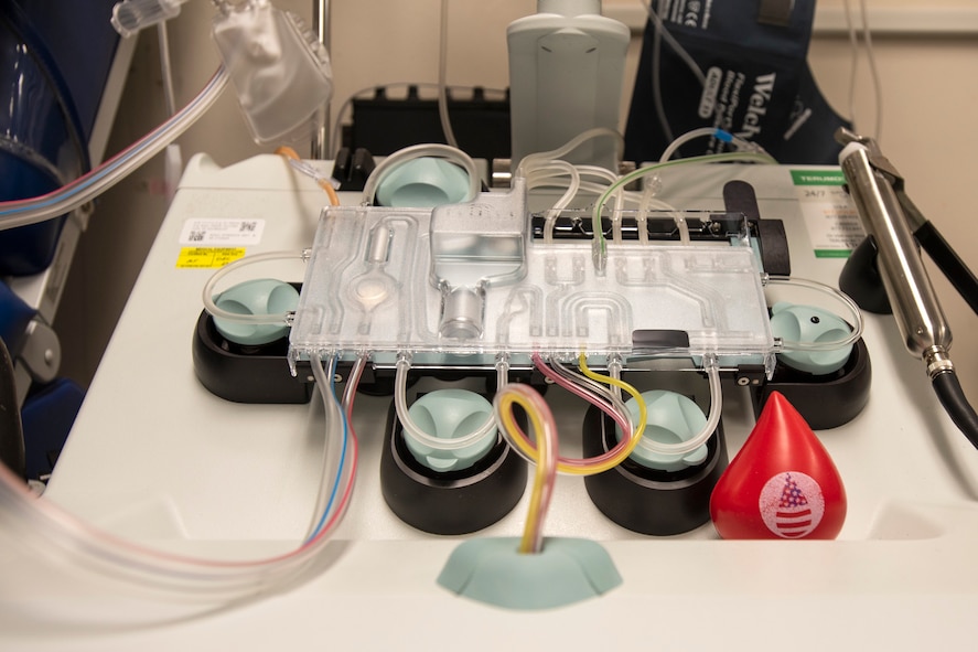 A Trima machine, an automated blood collection system, separates COVID-19 convalescent plasma from the blood and returns it back to the patient Aug. 20, 2020, at the Armed Services Blood Bank Center, Joint Base San Antonio-Lackland, Texas. All donations support military hospitals and Navy hospital ships. (U.S. Air Force photo by Airman 1st Class Melody B. Bordeaux)