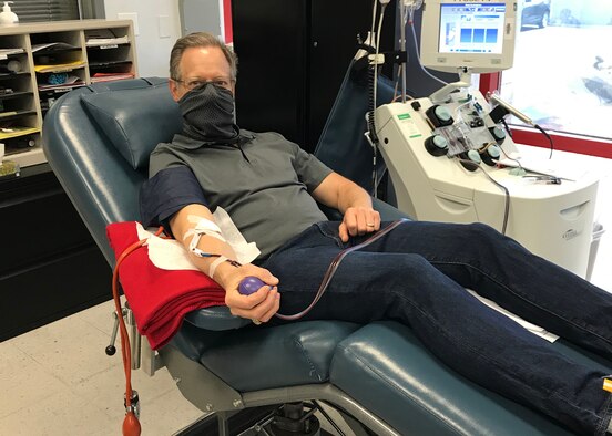 Andrew Roth, 926th Wing Emergency Management, donates convalescent plasma, Aug. 8, Las Vegas, Nevada. Roth tested positive for Covid-19, June 30 and after recovering from what he said were mild symptoms, he decided to donate his convalescent plasma.