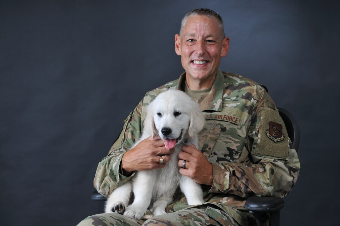 Lincoln, an English Cream Golden Retriever puppy is in training to become a full time therapy dog at the Iowa Air Guard’s 185th Air Refueling Wing in Sioux City, Iowa.