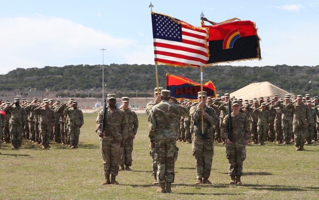 New York Army National Guard Soldiers assigned to the 42nd Infantry Division conduct a casing of the Colors Ceremony on Fort Drum, Texas, Feb. 29, 2020. The ceremony signals the 42nd's readiness to deploy in support of the United States Army Central Command. (U.S. Army National Guard photo by Sgt. Andrew Winchell)