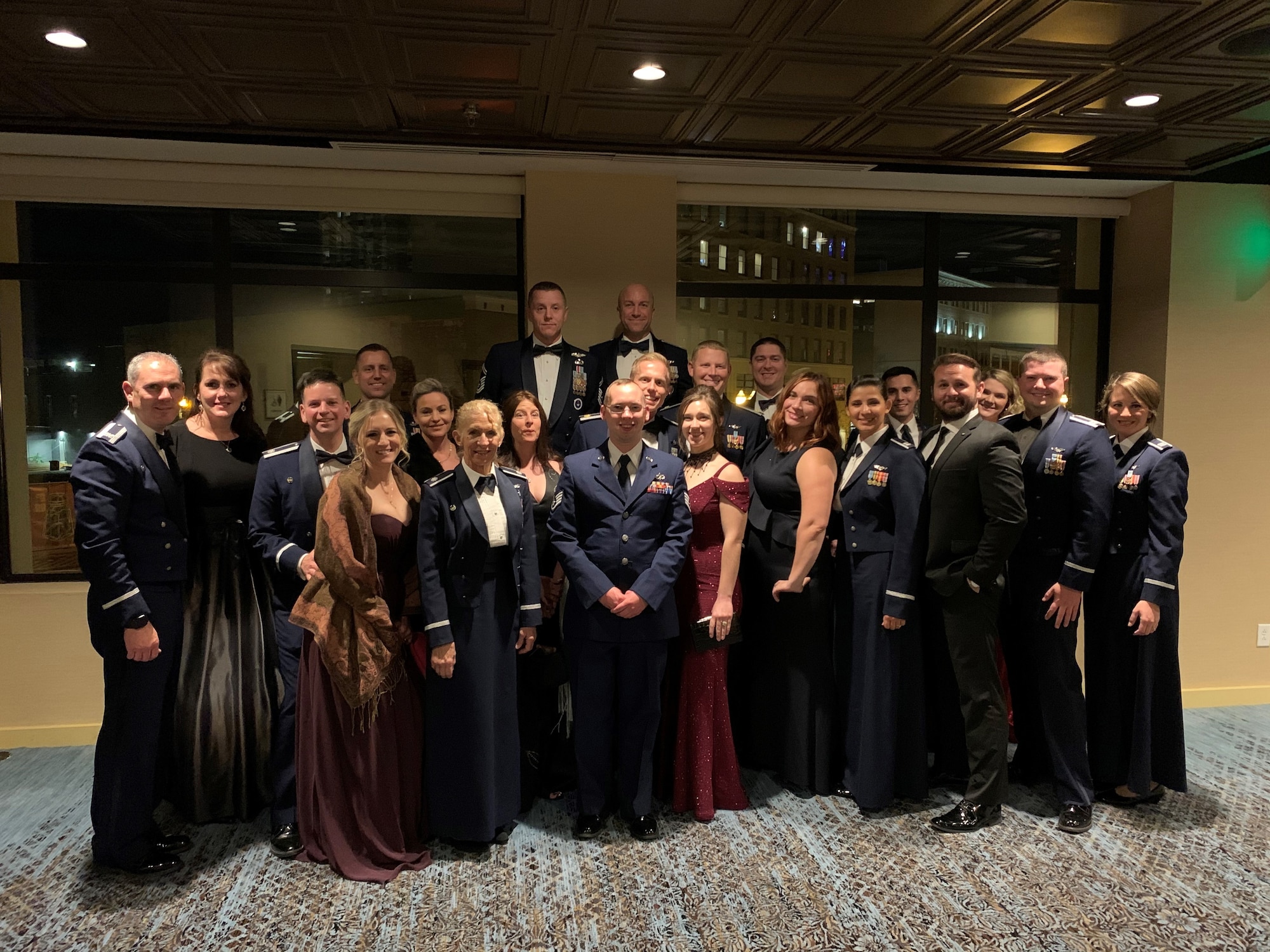 Members of the 491st Attack Squadron and 174th Attack Wing pose for a photo during the Air Force Ball, September 19, 2019, at the Marriot Syracuse Downtown in Syracuse, New York. Members from the 491st ATKS, a geographically separated unit from Holloman Air Force Base, New Mexico, work with Air National Guardsmen from the 174th ATKW on Hancock Field Air National Guard Base, NY, conducting daily MQ-9 Reaper operations, exercises and training. (Courtesy photo)