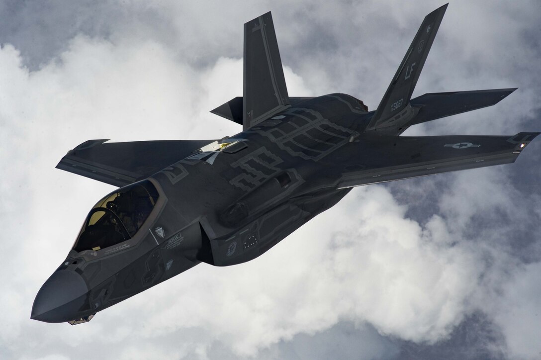 An F-35A Lightning II pilot with the 56th Operations Group finishes refueling over southern Idaho on August 18, 2020.