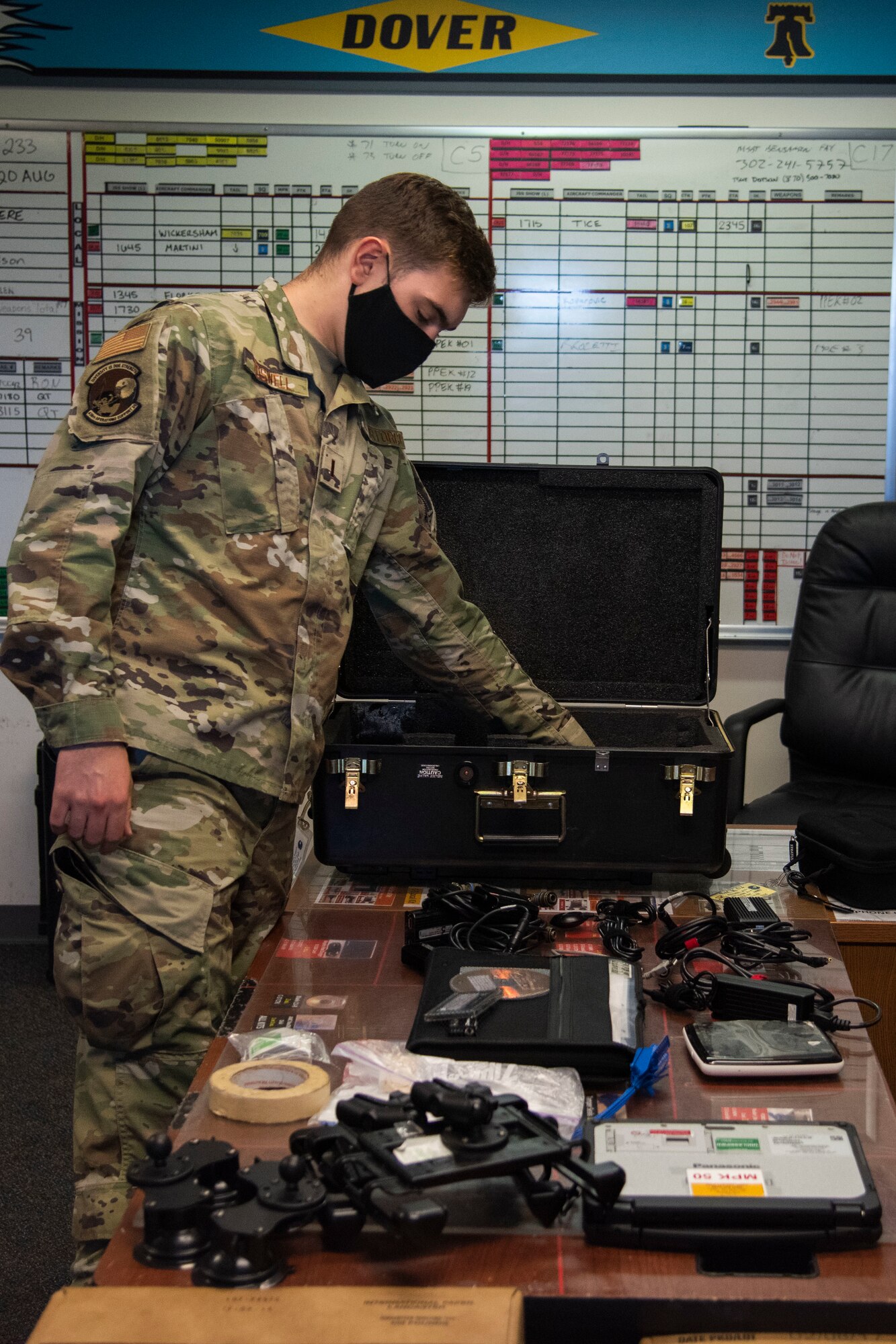 2nd Lt. Jacob Boswell assigned to the 436th OSS One-Stop Program, inventories Aug. 20, 2020, at Dover Air Force Base, Delaware. The concept evolved over several years here at Dover and throughout Air Mobility Command with the intent of preparing flight crews to be ready to go and sent out the door as fast as possible. (U.S. Air Force Photo by Airman 1st Class Jonathan Harding)