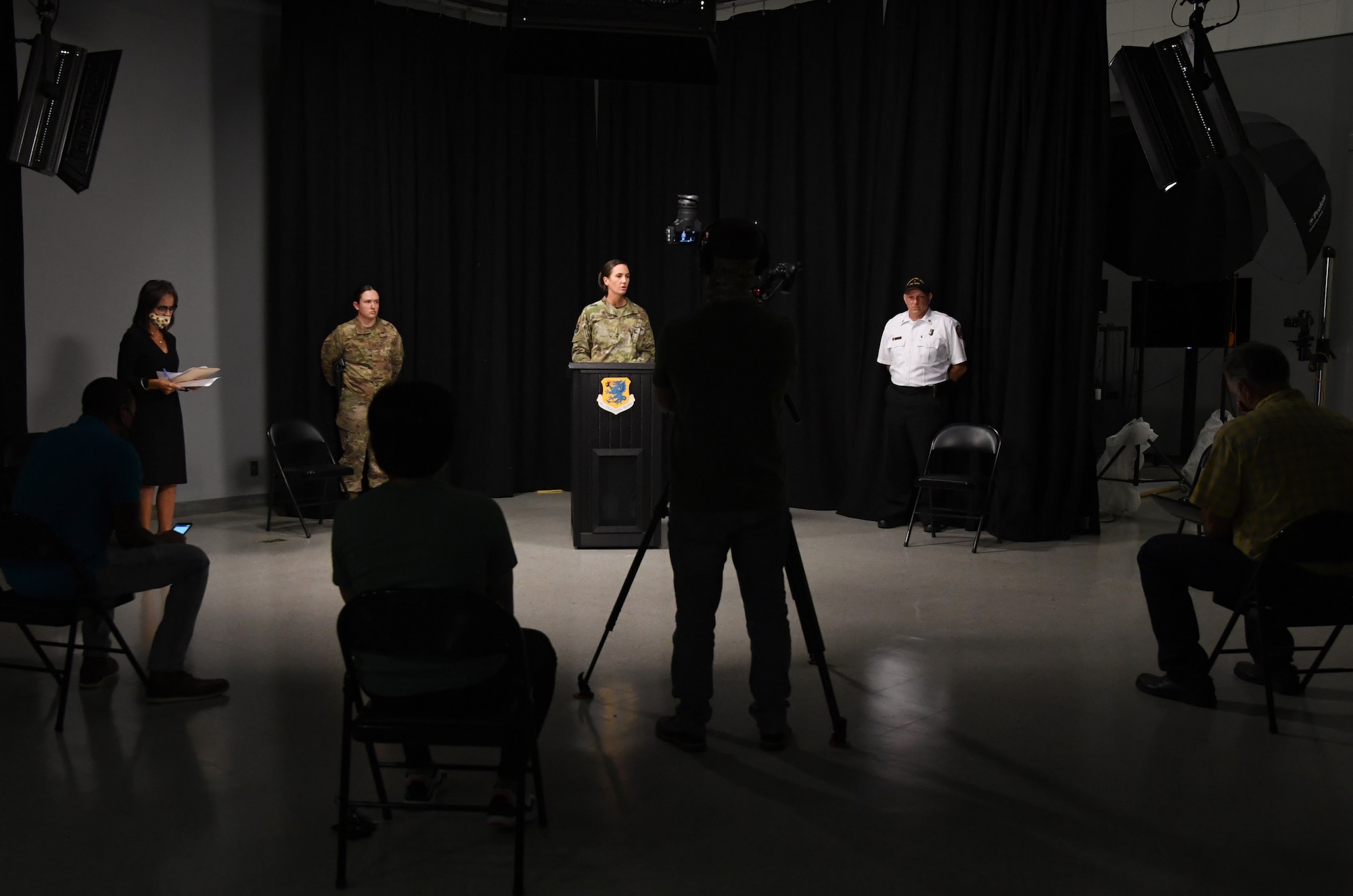 U.S. Air Force Col. Heather Blackwell, 81st Training Wing commander, makes a statement during a mock press conference inside Wall Studio during an active shooter exercise at Keesler Air Force Base, Mississippi, Aug. 20, 2020. The scenario included two active duty Air Force members who simulated opening fire inside the Sablich Center in order to test the base's ability to respond to and recover from a mass casualty event. (U.S. Air Force photo by Kemberly Groue)