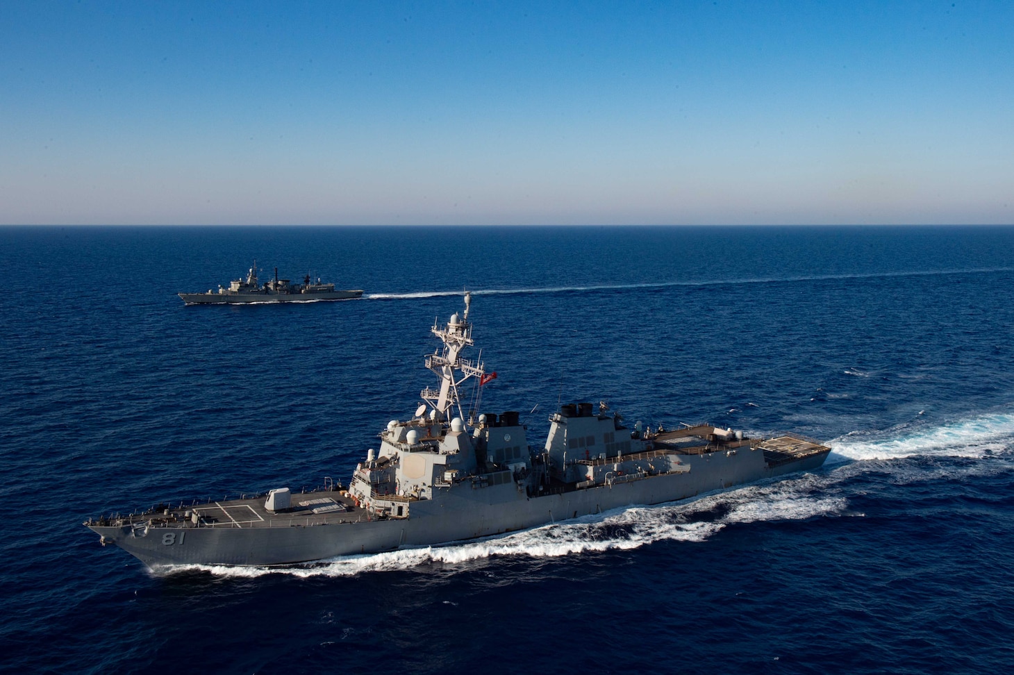 MEDITERRANEAN SEA (Aug. 24, 2020) The Arleigh Burke-class guided-missile destroyer USS Winston S. Churchill (DDG 81) executes maneuvering drills with Hellenic Navy frigate Aegean (F 460), Aug 24, 2020. Winston S. Churchill is deployed to the U.S. 6th Fleet area of operations in support of regional allies and partners and U.S. national security interests in Europe and Africa.