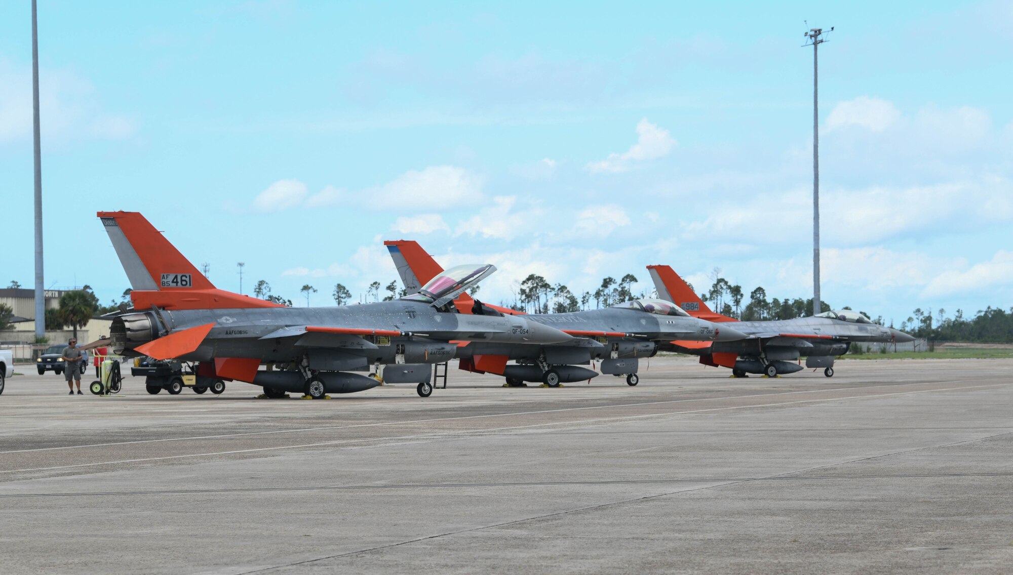 Three QF-16s from the 82nd Aerial Targets Squadron prepare to take flight at Tyndall Air Force Base, Florida, Aug. 21, 2020. The aircrafts evacuated the 325th Fighter Wing’s airfield due to rising concerns over severe weather conditions. (U.S. Air Force photo by Airman Anabel Del Valle)