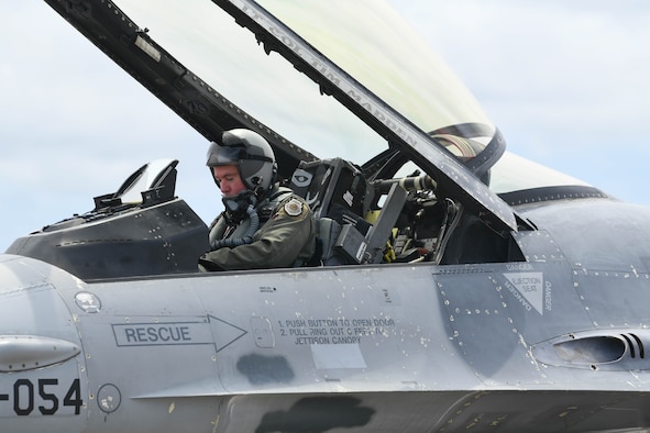 U.S. Air Force Col. Nicholas Reed with the 53rd Weapons Evaluation Group, commander, prepares to take flight in a QF-16 from the 82nd Aerial Targets Squadron at Tyndall Air Force Base, Florida, Aug. 21, 2020. Pilots flew out several aircraft from the 325th Fighter Wing’s airfield after evacuation orders had been called due to rising concerns over severe weather conditions. (U.S. Air Force photo by Airman Anabel Del Valle)