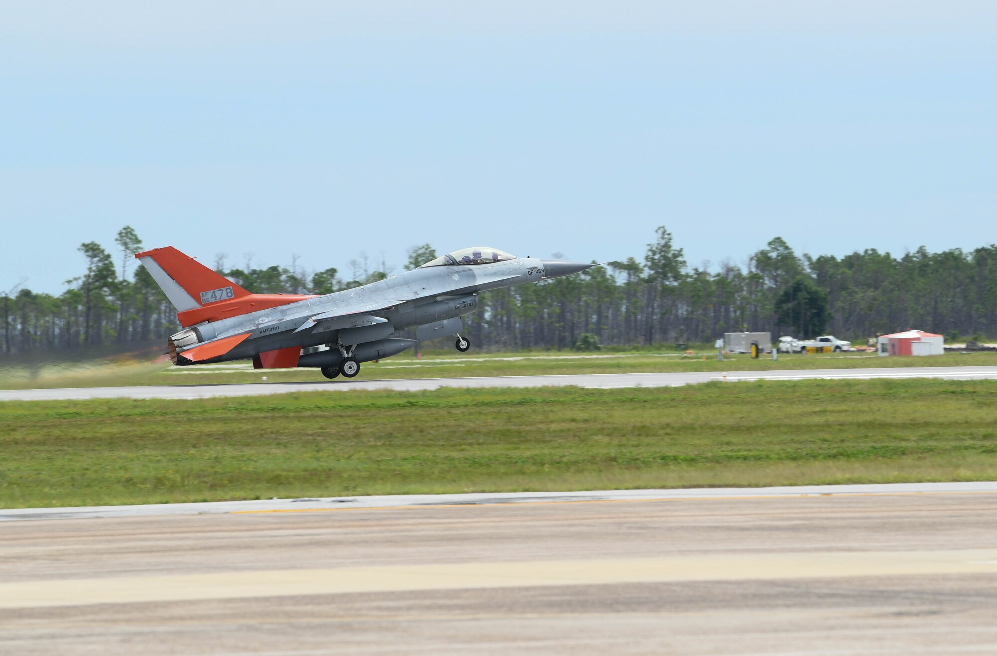 A QF-16 from the 82nd Aerial Targets Squadron takes off from Tyndall Air Force Base, Florida, Aug. 21, 2020. The aircraft evacuated the 325th Fighter Wing’s airfield to Shaw Air Force Base, South Carolina, due to the possibility of severe weather conditions. (U.S. Air Force photo by Airman Anabel Del Valle)