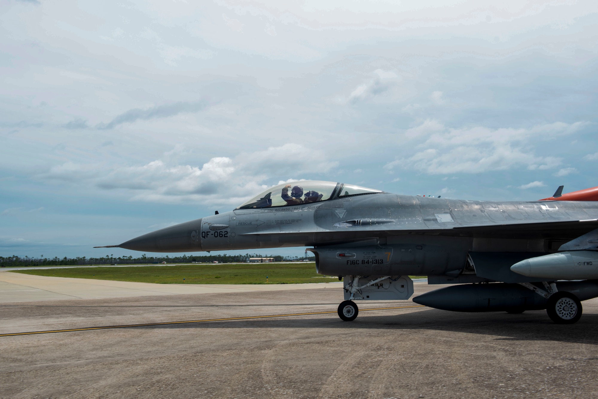 U.S. Air Force Lt. Col. Travis Winslow, 82nd Aerial Targets Squadron, commander, taxies a QF-16 aircraft for takeoff at Tyndall Air Force Base, Florida, Aug. 21, 2020. Wilson piloted the aircraft to Shaw Air Force Base, South Carolina, as part of an airfield evacuation in preparation for severe weather conditions approaching the Gulf of Mexico. (U.S. Air Force photo by Staff Sgt. Magen M. Reeves)