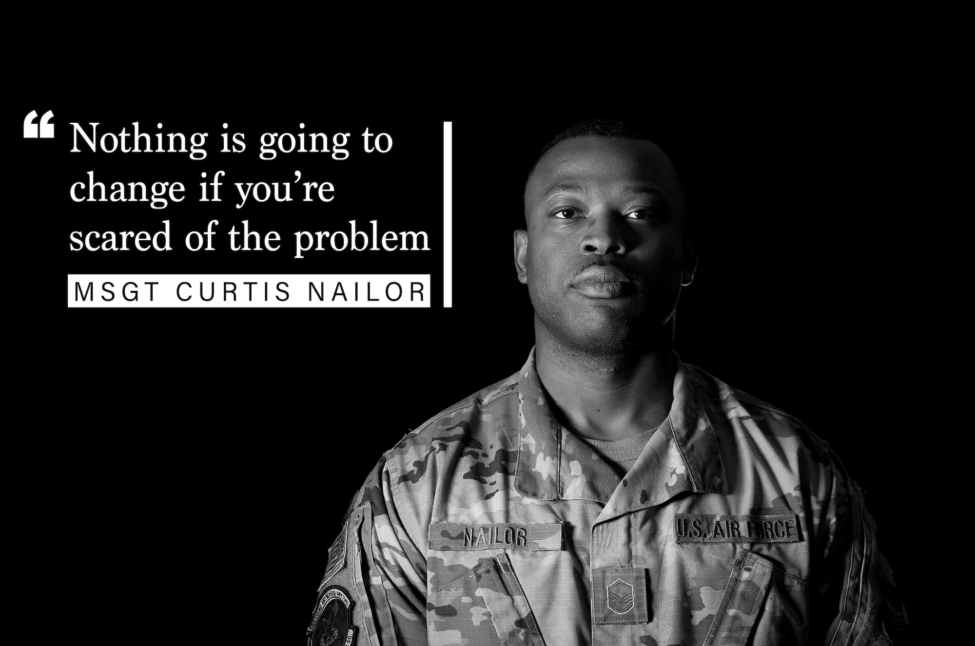 Master Sgt. Curtis Nailor, 22nd Logistics Readiness Squadron customer support section chief, reflects on unity and the importance of having difficult conversations about racism June 29, 2020, at McConnell Air Force Base, Kansas. As racial disparities continue to plague the nation, Nailor asks that Americans come together and take action to combat racism. (U.S. Air Force illustration by Senior Airman Michaela R. Slanchik)