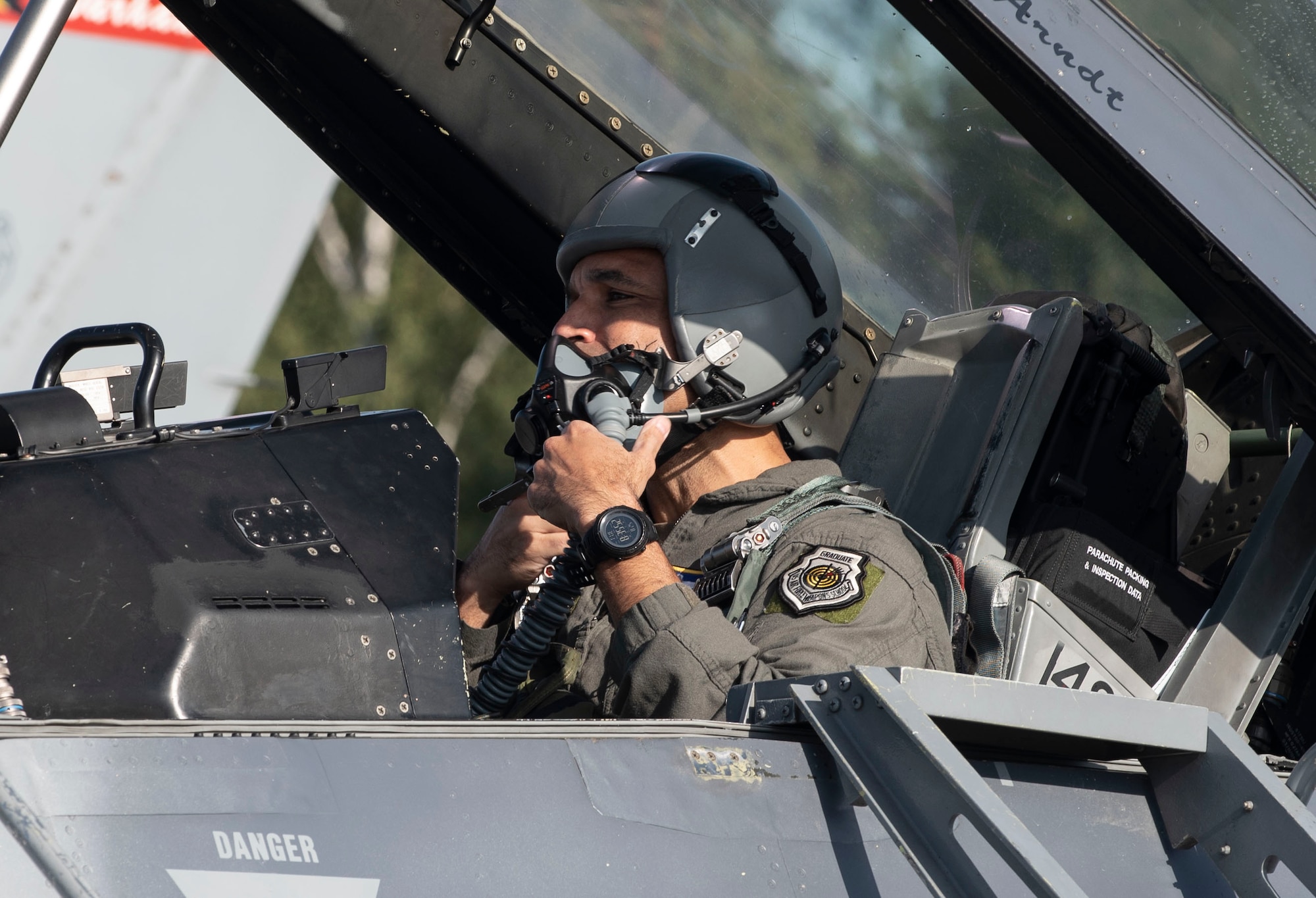 U.S. Air Force Brig. Gen. Adrian Spain, United States Air Forces in Europe and Air Forces Africa director of plans, programs and analyses, gears up for a flight, August 25, 2020, at Łask AB, Poland. Participation in the Aviation Detachment Rotation 20.4 is one of several ways the U.S. continues to strengthen partnerships, ensure transatlantic security and NATO unity. (U.S. Air Force photo by Senior Airman Melody W. Howley)