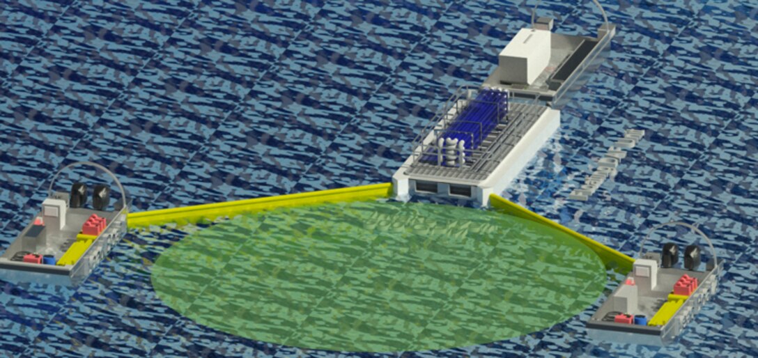 A digital image depicts a pontoon and bladder system, which together create a floating dissolved air flotation chamber that separates algae from water. The U.S. Army Engineer Research and Development Center and scientists from New York State Department of Environmental Conservation are collaborating with industry partners to study harmful algal bloom mitigation technology in Chautauqua Lake, New York, from Aug. 19 through Sept. 4.